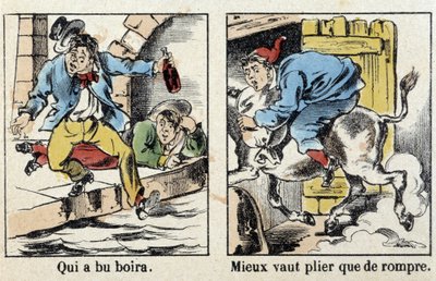Spreekwoorden in afbeeldingen van Epinal: Wie dronk drank. Beter buigen dan breken. door French School