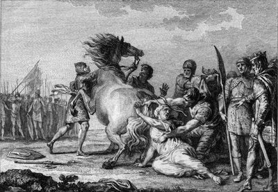 Straf van Brunehaut, 613: Brunehaut of Brunehilde (543-613), koningin van Austrasië, is vastgebonden aan de staart van een ontembaar paard voordat ze op de grond werd gesleept. Gravure uit de 18e eeuw. door French School