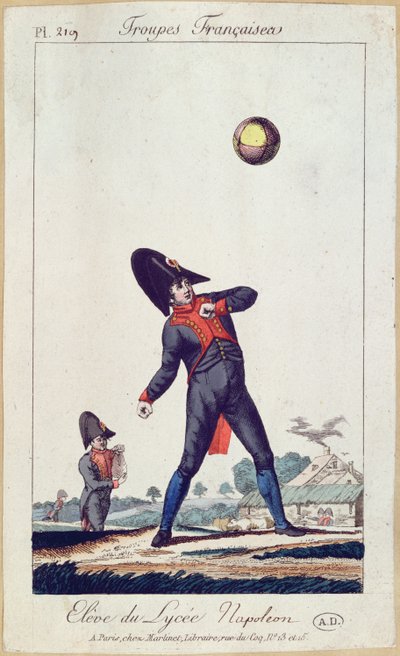 Leerling van het Lycee Napoleon die bal speelt, c.1805 (kleurgravure) door French School