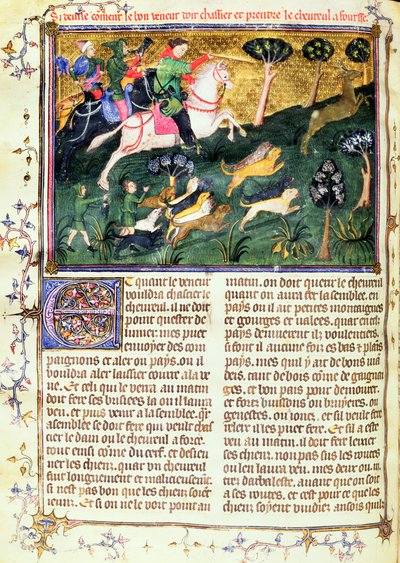 Achtervolging van een ree, uit Livre de la Chasse, originele tekst geschreven door Gaston III, Graaf van Foix Phebus le Chasseur (1331-91) Avignon, 1387-89 door French School