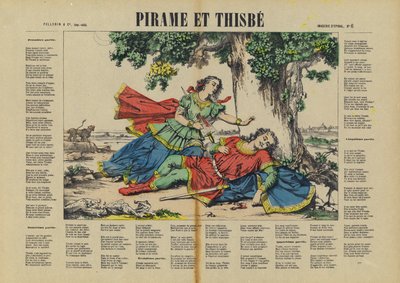 Pyramus en Thisbe (kleurenlitho) door French School