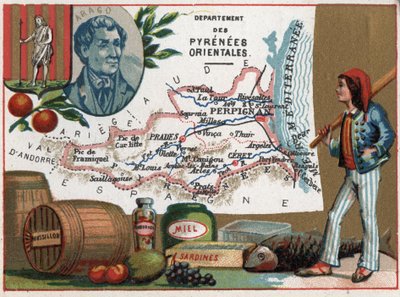 Pyrenees Orientales (66), Languedoc-Roussillon, Frankrijk. Portret van Dominique Francois Jean Arago (1786-1853). Lokale specialiteit: honing en sardines. Serie over de Franse departementen. Chromolithografie 