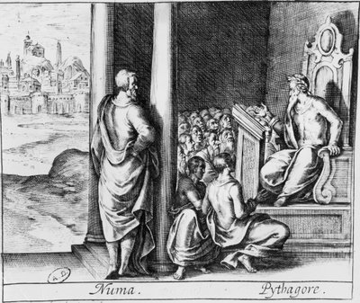 Pythagoras (ca.570-480 v.Chr.) geeft les aan een klas studenten, illustratie uit Ovidius