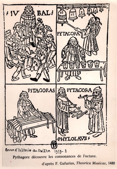 Pythagoras (ca. 580-500 v.Chr.) ontdekt de consonanties van het octaaf, uit Theorica Musicae door Franchino Gaffurio, voor het eerst gepubliceerd in 1480, uit Revue de l