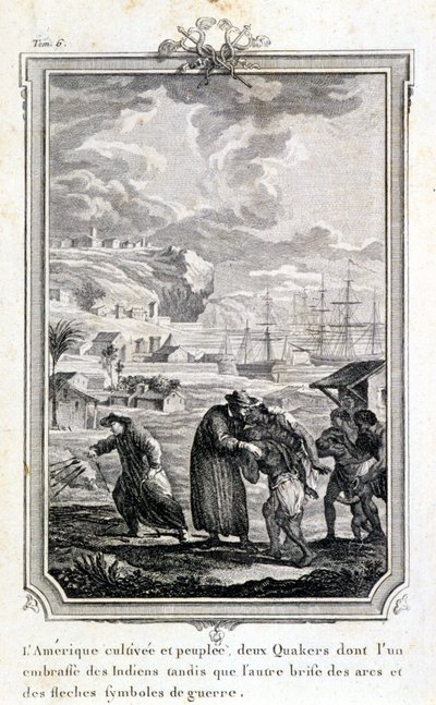 Quaker missionarissen proberen de indianen van Amerika te evangeliseren - gravure door French School
