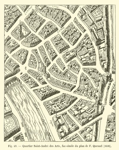 Wijk Saint-Andre des Arts, facsimile van het plan van F Quesnel, 1608 door French School
