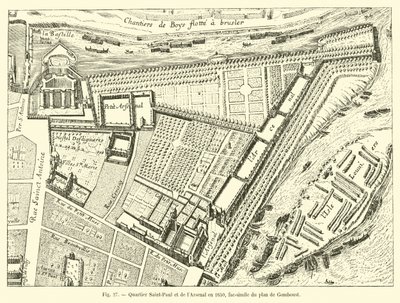 Wijk Saint-Paul en het Arsenaal in 1650, facsimile van het plan van Gomboust door French School