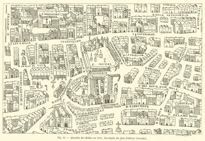 Wijk van de Hallen in 1550, facsimile van het plan van Olivier Truschet door French School