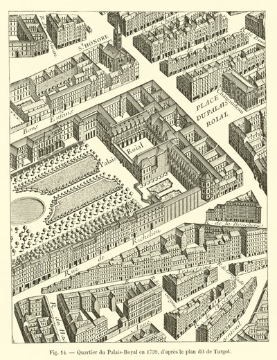 Wijk van het Palais-Royal in 1739, naar het zogenaamde plan van Turgot door French School
