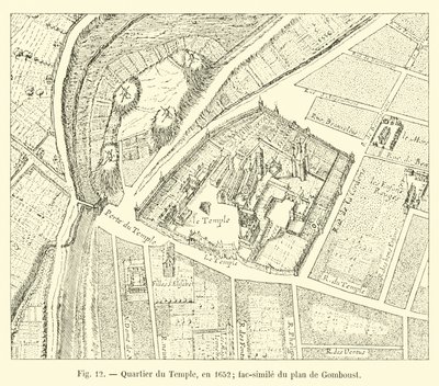 Wijk van de Tempel, in 1652; facsimile van het plan van Gomboust door French School