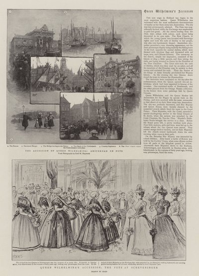 De toetreding van koningin Wilhelmina, het feest in Scheveningen (gravure) door French School