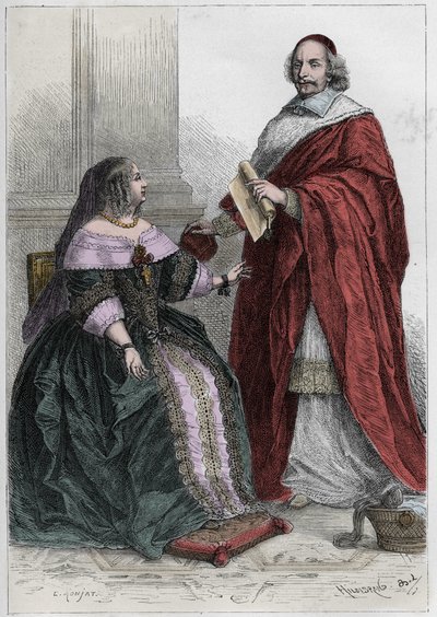 Koningin van Frankrijk Anna van Oostenrijk (1601-1666) en Kardinaal Jules Mazarin (Giulio Raimondo Mazzarino of Mazarino) (1602-1661) - Anna van Oostenrijk (1601-66) met Kardinaal Mazarin (1602-61) - gravure uit 