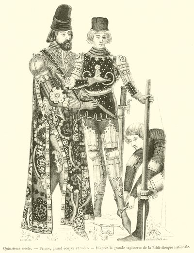 Vijftiende eeuw, Prins, groot ruiter en knecht (gravure) door French School