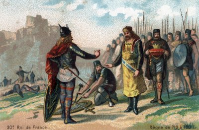 Rainfroy (Rainfroi), belegerd door Karel Martel in Angers, capituleert, circa 717. Chromolithografie rond 1890 door French School