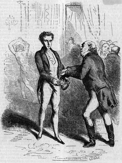 Rastignac duizelig laat de grijsharige man tien louis nemen. Gravure midden 19e eeuw. Illustratie voor 