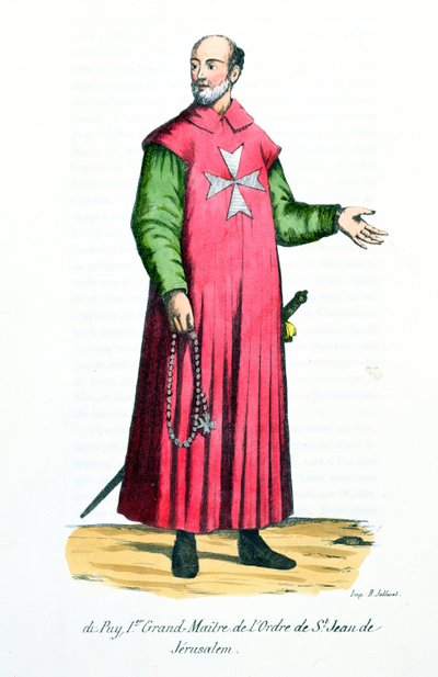 Raymond de Puy (1120-11860) eerste grootmeester van de Orde van Sint-Jan van Jeruzalem, illustratie uit Geschiedenis en Kostuums van Monastieke Orden door Vader Helyot, 1842 door French School