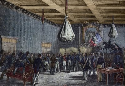Lezing van het adres van de Kamer van Afgevaardigden in het Hotel de Ville, Parijs op 31 juli 1830 - Louis-Philippe (1773-1850), koning van de Fransen (1830-48); uitgeroepen tot koning door de Kamer van Afgevaardigden en aangeboden de troon in ruil voor be door French School