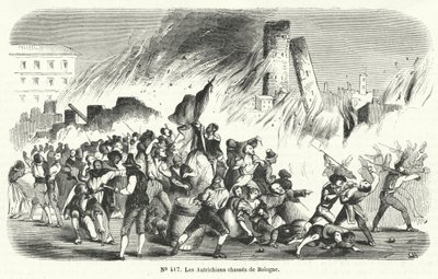 Opstandelingen verdrijven de Oostenrijkers uit Bologna, Italië, 1848 door French School