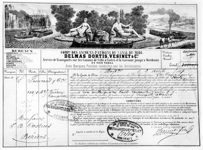 Ontvangstbewijs uitgegeven door de Compagnie du Canal du Midi voor het transport van goederen van Bordeaux naar Beziers, 1857 door French School