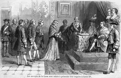 Ontvangst van de Corsicaanse deputatie door koning Lodewijk XV (1710-1774) in 1769. De gezanten vragen om het eiland aan Frankrijk te hechten door French School