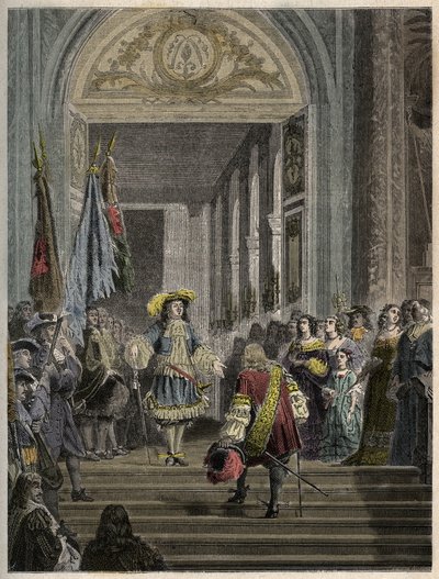 Ontvangst van de Grote Condé in Versailles door Lodewijk XIV - trap van de ambassadeurs - Ontvangst van de Grote Condé (Louis II van Bourbon Condé) door de Koning van Frankrijk Lodewijk XIV in Versailles in 1674. gravure in 