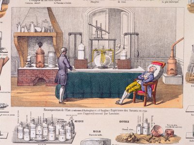 Recompositie van water uit waterstof en zuurstof: Antoine Laurent de Lavoisier (1743-94) experimenteert met de ademhaling van een rustende man, illustratie uit een educatieve plaat, ca. 1860 door French School