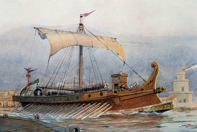 Reconstructie van Romeins schip dat de werf verlaat, aquarel, Frankrijk door French School