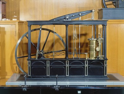 Reconstructie van de stoommachine ontworpen door James Watt door French School