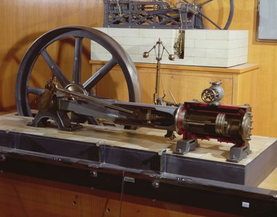 Reconstructie van de stoommachine uitgevonden door George Henry Corliss door French School