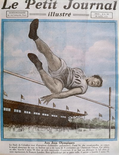 Record Hoogspringen op de 8e Olympische Spelen, Parijs, 1924, omslagillustratie van Le Petit Journal 20 juli 1924 door French School