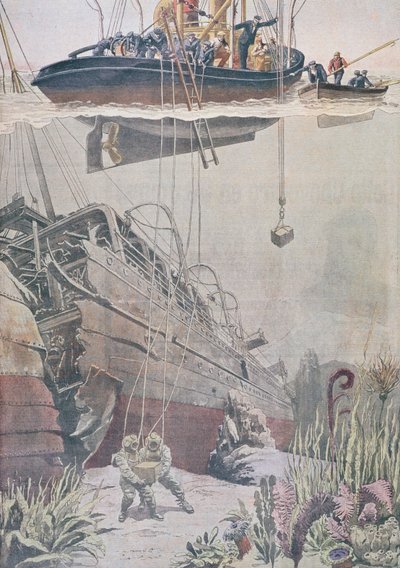 Berging van schatten uit het wrak van de Oceana, illustratie uit Le Petit Journal, 1912 door French School