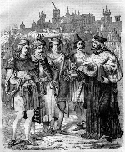 Rector en studenten van verschillende naties aan de Universiteit van Praag in de 17e eeuw. Gravure uit 1852 door French School