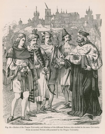 Rector van de Universiteit van Praag en geleerden van de verschillende naties die aan dezelfde universiteit studeerden (gravure) door French School