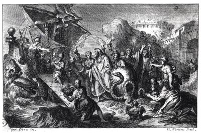 Reïncarnatie van Asclepios als een slang tijdens de komst van zijn cultus in Rome vanuit Griekenland in 293 v.Chr. door French School