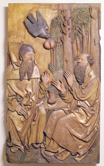 Reliëf met St. Antonius die St. Paulus bezoekt in de woestijn, uit de kapel van het oude ziekenhuis in Colmar door French School