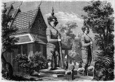 Religieuze architectuur: buitenaanzicht van een pagode in Bangkok (Siam) in 1861. Gravure in 