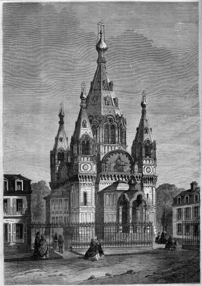 Religieuze architectuur: buitenaanzicht van de Russisch-orthodoxe kathedraal Saint Alexandre Nevsky, Parijs door French School