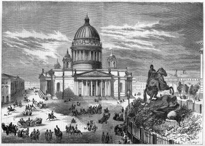 Religieuze architectuur: uitzicht op de Orthodoxe Kerk van Sint Isaac (1819-1858) in Sint-Petersburg (Sint-Petersburg) in Rusland, gebouwd volgens de plannen van architect Ricard de Montferrand (1786-1858). Rechts staat het ruiterstandbeeld van Peter de Gr door French School