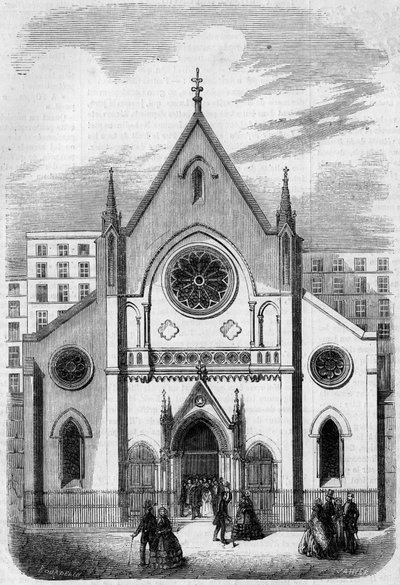 Religieuze architectuur: zicht op de gevel van de Tempel voor Amerikanen die in Parijs wonen, rue de Berry, in 1857. Gebouw gebouwd door architect Mr. Salmon. Gravure in 
