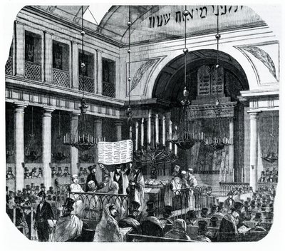 Religieuze ceremonie in de oude Parijse Synagoge voor Rosh Hashana, illustratie uit Le Tableau de Paris door Edmond Texier, gepubliceerd in Parijs, 1852 door French School