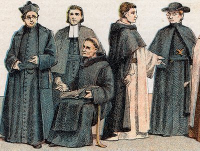 Religieuze kostuums: van links naar rechts portret van een jezuïet, een Maristenvader (Marcellin Champagnat), een benedictijner monnik, een dominicaanse monnik en een Oblaat door French School