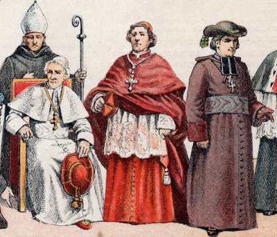 Religieuze kostuums: een bisschop met mijter en staf, paus Leo XIII zittend, een kardinaal in prelatice screed, en een bisschop in mantel door French School