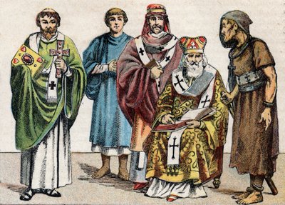 Religieuze kostuums in de Oudheid: van links naar rechts portret van een Byzantijnse diaken, een christelijke priester uit de eerste eeuw, een bisschop uit de 5e eeuw, een Byzantijnse patriarch en een kluizenaar door French School