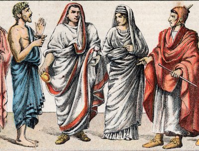 Religieuze kostuums in de Oudheid: van links naar rechts portret van een Griekse priester, offerpriester, een Hogepriester in het oude Rome (Pontifex maximus), een Vestaalse maagd, een priesteres van het oude Rome en een Romeinse priester (flamen) gewijd a door French School
