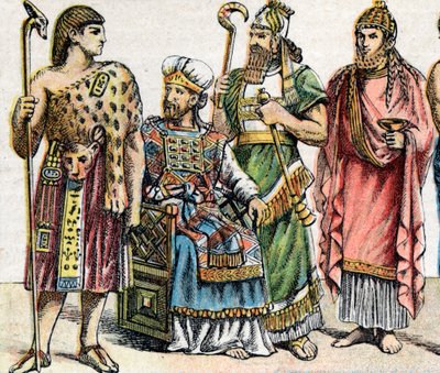 Religieuze kostuums in de oudheid: portret van een Egyptische hogepriester, een Hebreeuwse hogepriester, een Assyrische koning in officiant kleding en een Fenicische priester door French School