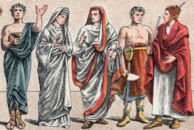 Religieuze kostuums in de oudheid: portret van een Griekse priester, minister van offerande, een vestalin, priesteres van het oude Rome en een Grote Pontifex in het oude Rome, een popa en een flamino (flamen) Romeinse priester gewijd aan de aanbidding van door French School