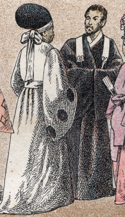 Religieuze kostuums in Azië: twee shinto-priesters uit Japan - Gravure door French School