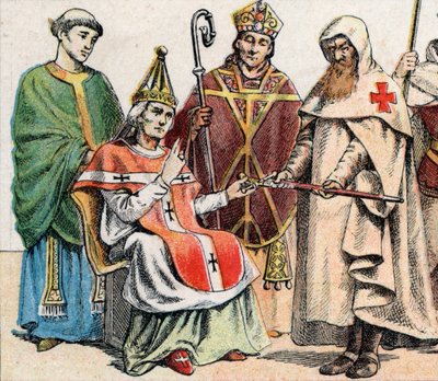 Religieuze kostuums in de Middeleeuwen: van links naar rechts een priester uit de 10e eeuw, een paus in de 11e eeuw, een bisschop (met mijter en staf) uit de 12e eeuw en een lid van de Orde van Hospitaalridders (Orde van Sint-Jan van Jeruzalem) door French School