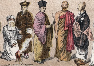 Religieuze kostuums van Azië: portret van een Parsi priester, Lama, Chinese boeddhistische priester, Ceylon bonze en Japanse boeddhistische priester - Gravure door French School