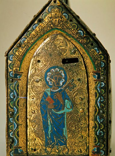 Reliekschrijn met Scènes uit het Leven van St. Valeria, Limoges, ca. 1175 (hout, koper & cloisonné email, gegraveerd & verguld) door French School